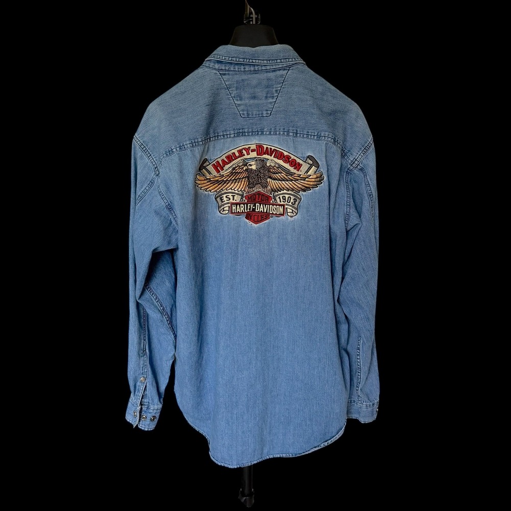 90's Harley Davidson Blue Denim Button Up Shirt Large Embroidered Eagle Graphic